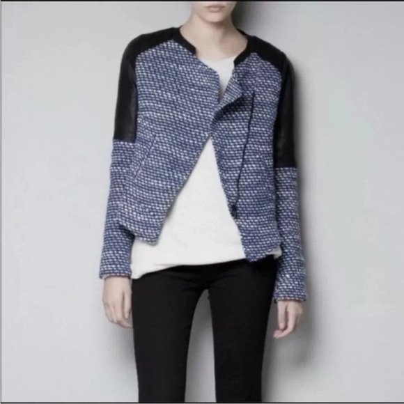 Zara Jackets & Blazers - Zara Trafaluc Blue Black Tweed Faux Leather Moto Jacket